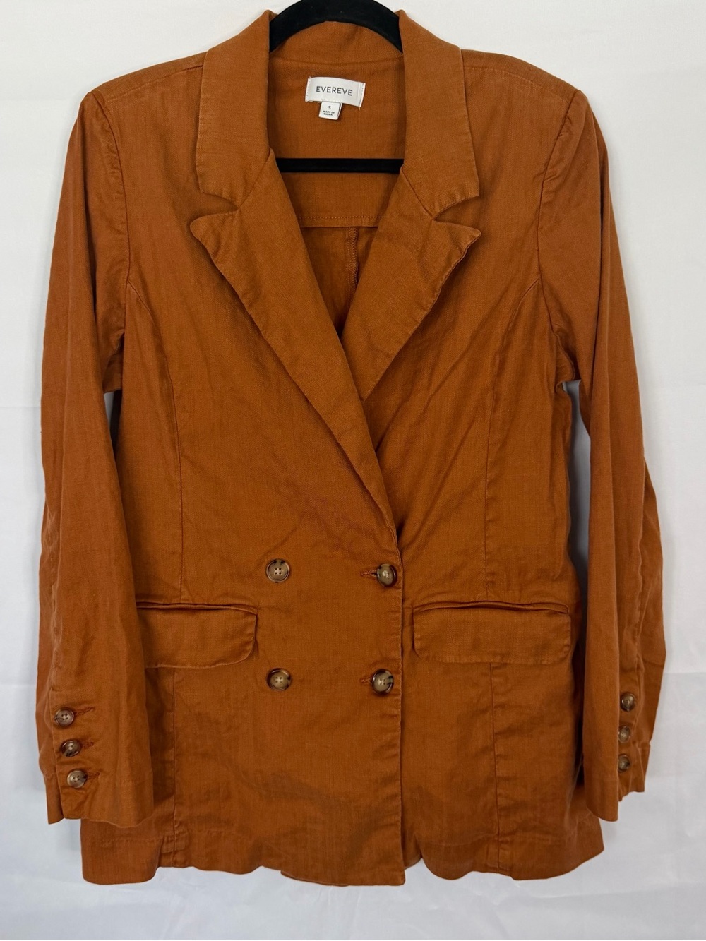 Evereve Linen Blend Blazer Women’s Small Caramel Tan Double Breasted w Pockets